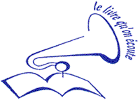 dessin d'un livre ouvert avec un pavillon d'électrophone et la phrase "le livre qu'on écoute"